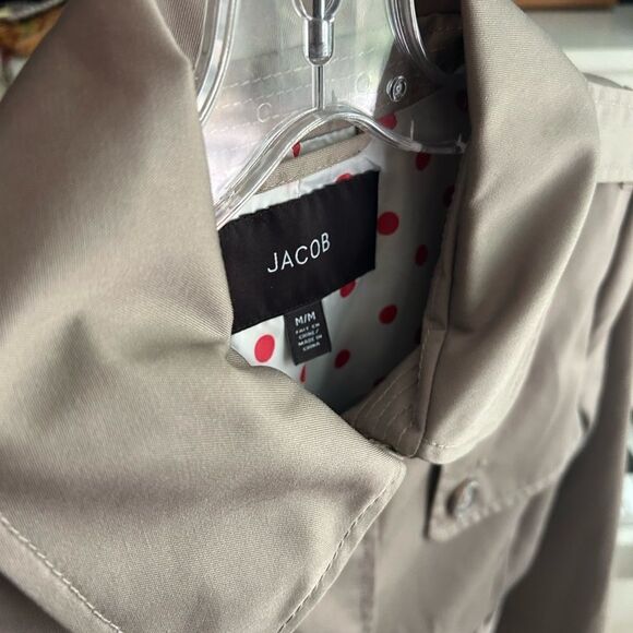 Jacob Y2K Tan Trench Jacket with Red Polka Dot Lining 3/4 Sleeves M - Picture 8 of 16